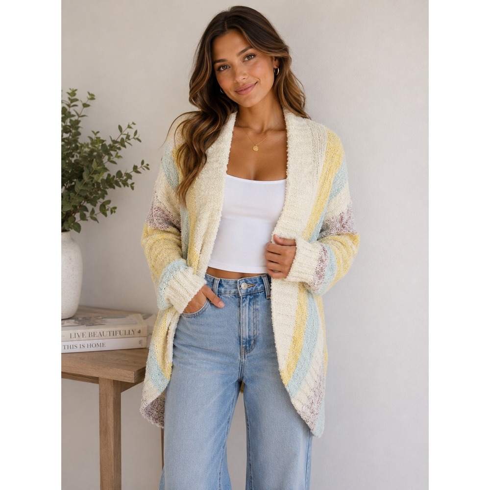 POL Womens Striped Popcorn Knit Cardigan Sweater Yellow Blue Mauve SMST656 Large